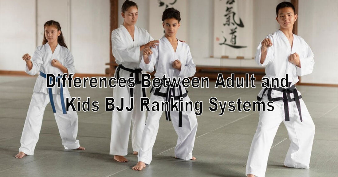 A side-by-side image showing kids' colorful BJJ belts on one side and adult belts on the other, with labels or icons explaining the differences in rank systems.