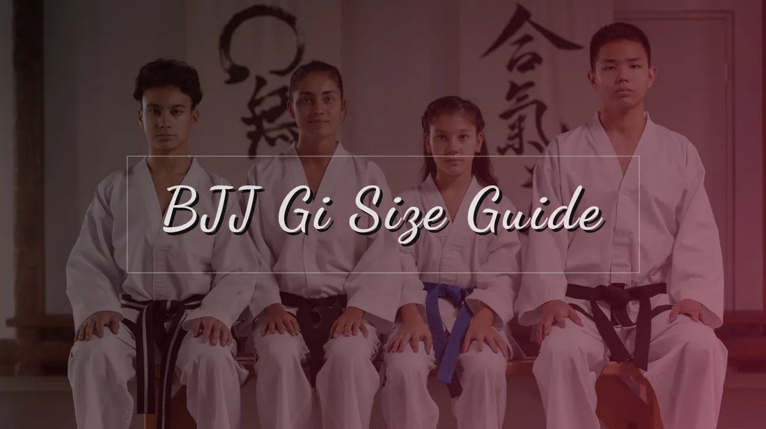 An image showing a clear BJJ gi size chart with measurements for height, weight, and chest, alongside a person measuring themselves with a tape measure near a gi.