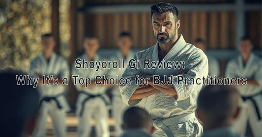 An image of a BJJ athlete wearing a Shoyoroll gi during training or competition, with callouts highlighting comfort, fit, and durability features.
