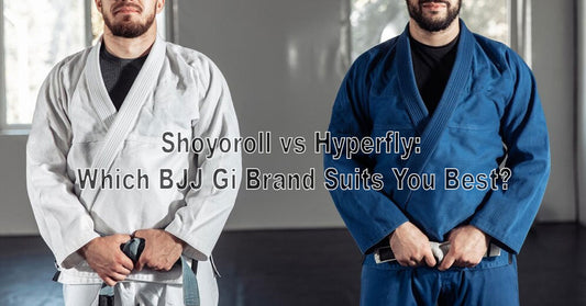 A side-by-side image showing a Shoyoroll gi and a Hyperfly gi on mannequins, with key features and logos highlighted to compare style and quality.