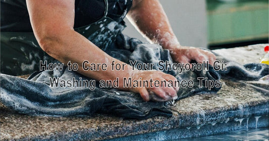 An image showing a Shoyoroll gi being gently washed, with care icons like cold water, air dry, and no bleach, plus a clean gi folded neatly on the side.