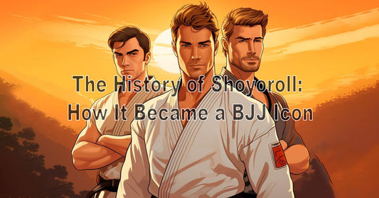 An image showing a timeline of Shoyoroll’s evolution, with early gi designs on one side and modern collections on the other, set against a backdrop of BJJ competitions.