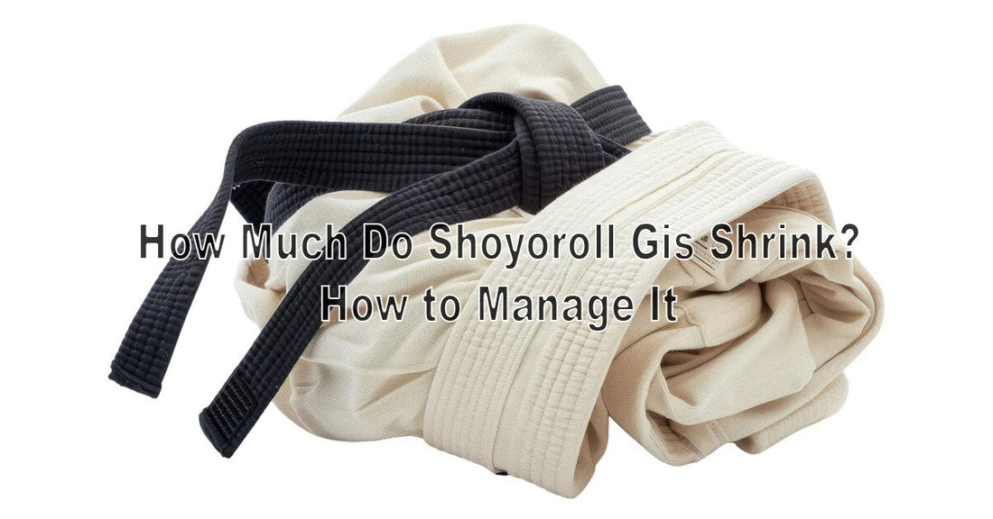 An image showing a Shoyoroll gi before and after washing, with visible size difference, and care icons or tips for managing shrinkage.