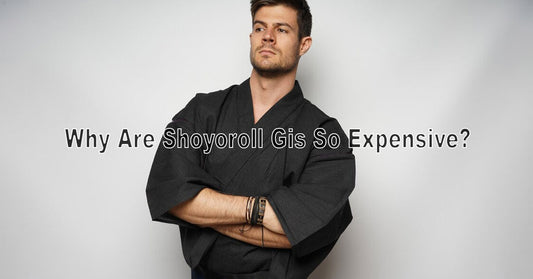 An image showing a premium Shoyoroll gi with close-up details of stitching, fabric quality, and branding, placed beside price tags and value highlights.
