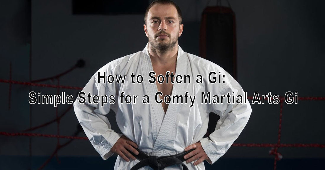 An image showing a BJJ gi being washed and hung to dry, with softening tips like using vinegar or fabric conditioner shown in simple icons around it.