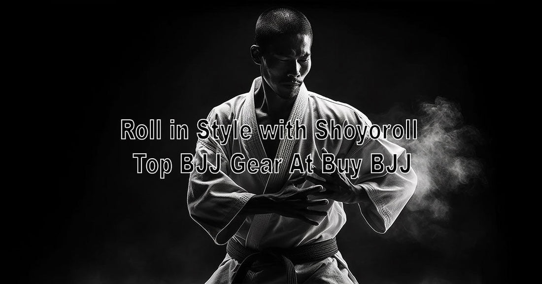 An image showing Shoyoroll BJJ gear neatly displayed—gi, belt, and rash guard—on a mat, with a practitioner getting ready to roll in a clean, stylish setting.