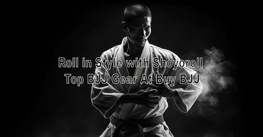 An image showing Shoyoroll BJJ gear neatly displayed—gi, belt, and rash guard—on a mat, with a practitioner getting ready to roll in a clean, stylish setting.