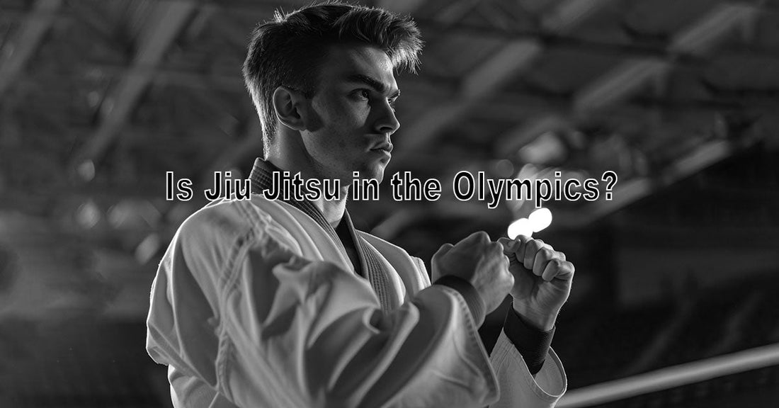 An image showing a BJJ athlete holding a gi and looking at an Olympic stadium, with Olympic rings in the background, symbolizing the sport’s Olympic journey.