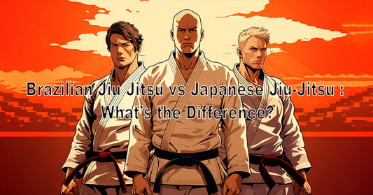 A split-image showing a Brazilian Jiu Jitsu athlete in a modern gi performing a ground technique, and a Japanese Jiu-Jitsu practitioner in traditional attire demonstrating a standing move.