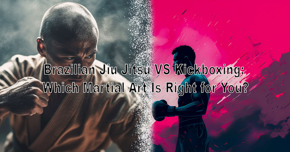 A side-by-side image of a BJJ fighter grappling on the mat and a kickboxer throwing a punch, highlighting the difference between ground and striking styles.