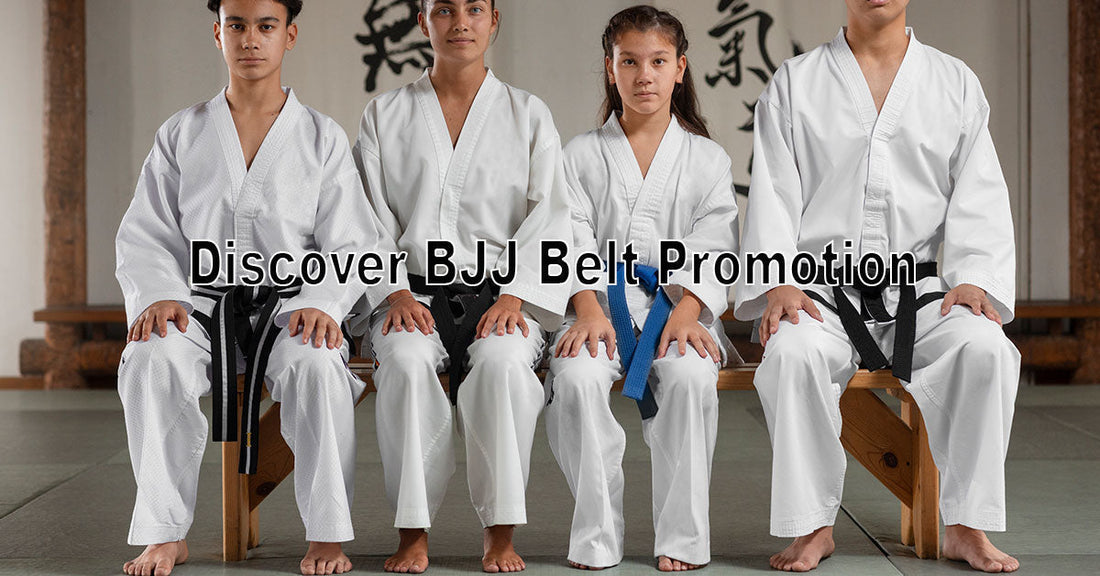 An image of a BJJ coach awarding a new belt or stripe to a student on the mat, with icons or text showing key tips like consistency, discipline, and improvement.