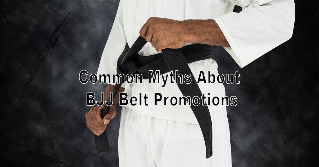An image showing a BJJ student looking confused while holding a belt, with myth vs fact bubbles around them, set in a gym or training room.