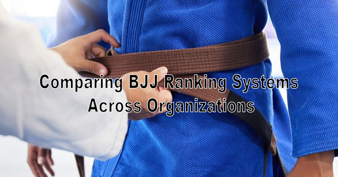 An infographic-style image comparing BJJ ranking charts from IBJJF, ADCC, and other groups, with logos and belt progressions side by side.