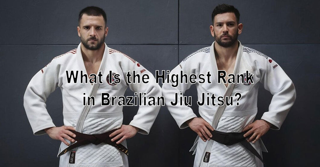An image showing a BJJ black belt with red bars, symbolizing the highest rank, placed on a gi with a blurred dojo in the background.