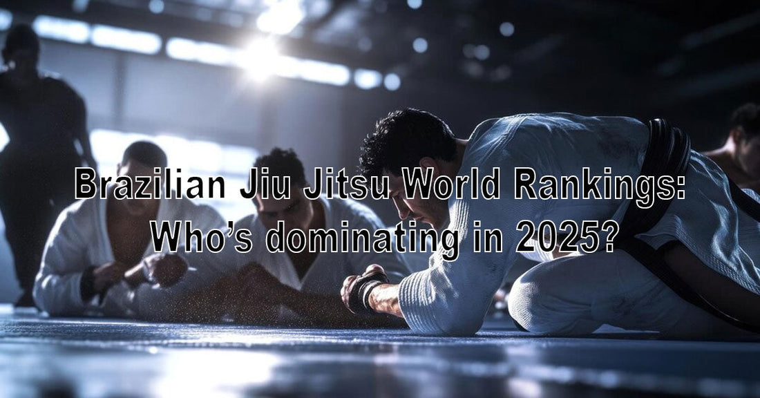 A digital graphic showing top-ranked Brazilian Jiu Jitsu fighters of 2025, with medals, flags, and tournament highlights in the background.