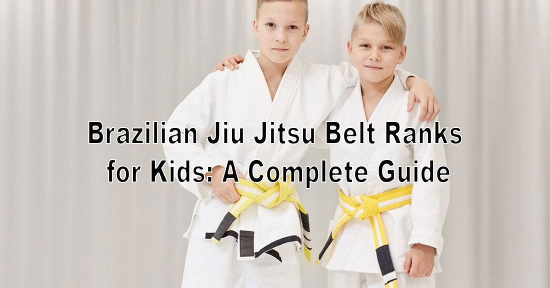 A colorful display of kids' Brazilian Jiu Jitsu belts—white, gray, yellow, orange, and green—arranged in order, with young students practicing on the mats.