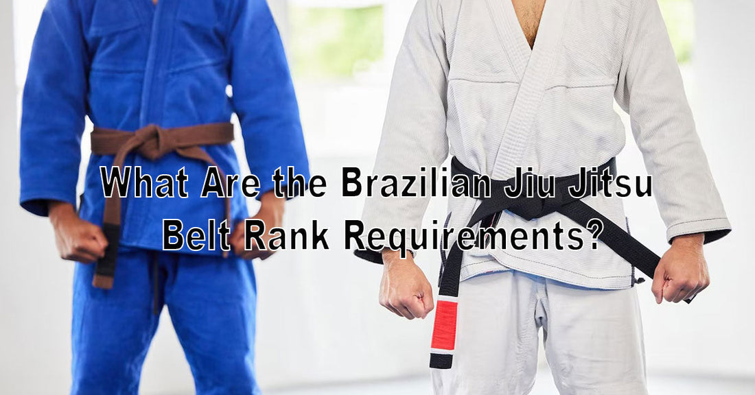 A visual chart showing BJJ belts from white to black with age and time requirements listed beside each, set against a mat or academy background.