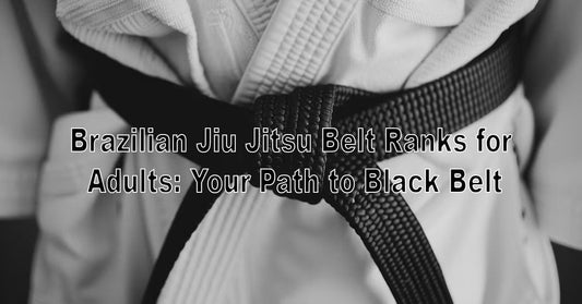A lineup of adult BJJ belts from white to black placed on a gi, with an adult practitioner tying their belt in a focused training setting.