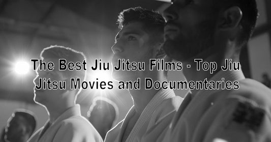 An image showing a collage of Jiu Jitsu movie scenes and documentary covers, with fighters, mats, and dramatic lighting to capture the cinematic feel.