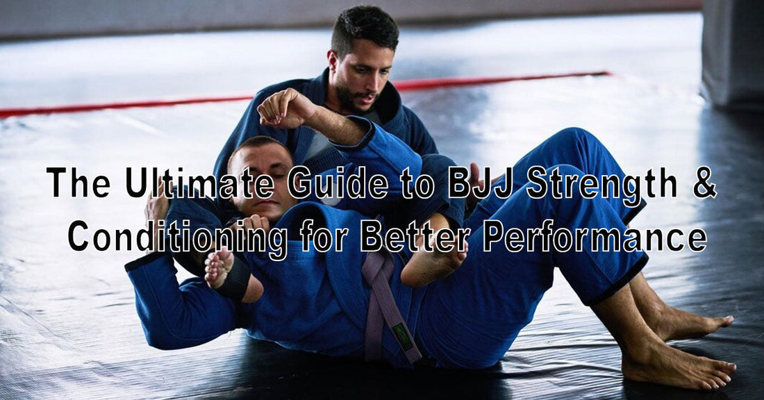 An image of a BJJ athlete doing strength training exercises like deadlifts or kettlebell swings, with a gi nearby, blending fitness and martial arts.