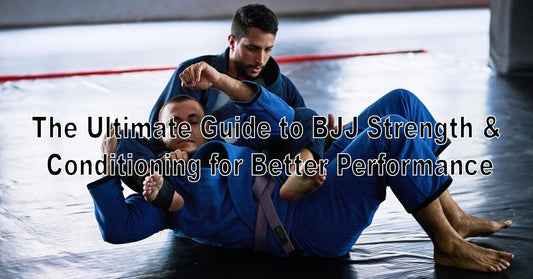 An image of a BJJ athlete doing strength training exercises like deadlifts or kettlebell swings, with a gi nearby, blending fitness and martial arts.