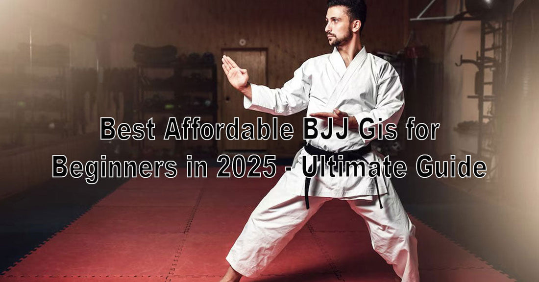 An image showing a selection of affordable BJJ gis in various colors and sizes, displayed neatly with price tags and “Beginner Friendly” labels on a training mat.