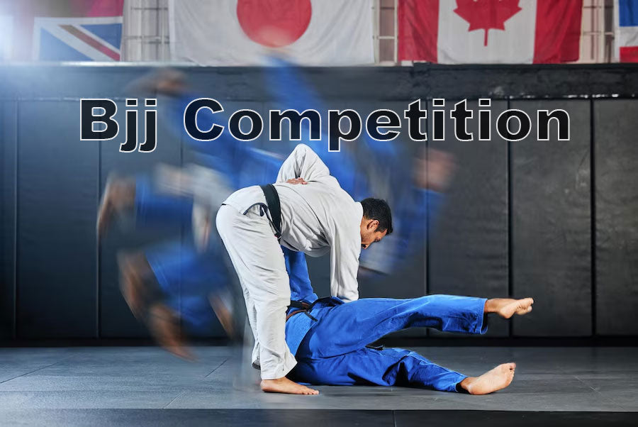 An image of top-rated BJJ competition gis in white, blue, and black colors, displayed with medals and an IBJJF mat background to show tournament readiness.
