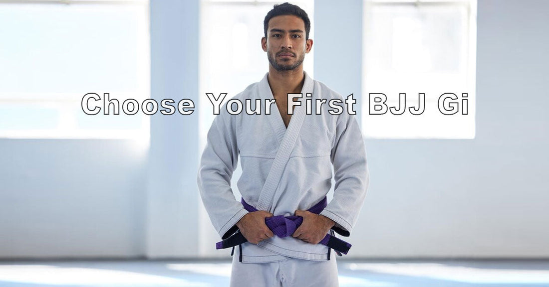 An image showing a beginner looking at different BJJ gis on display—various colors, fits, and fabrics—with key tips like size, comfort, and durability shown as icons.
