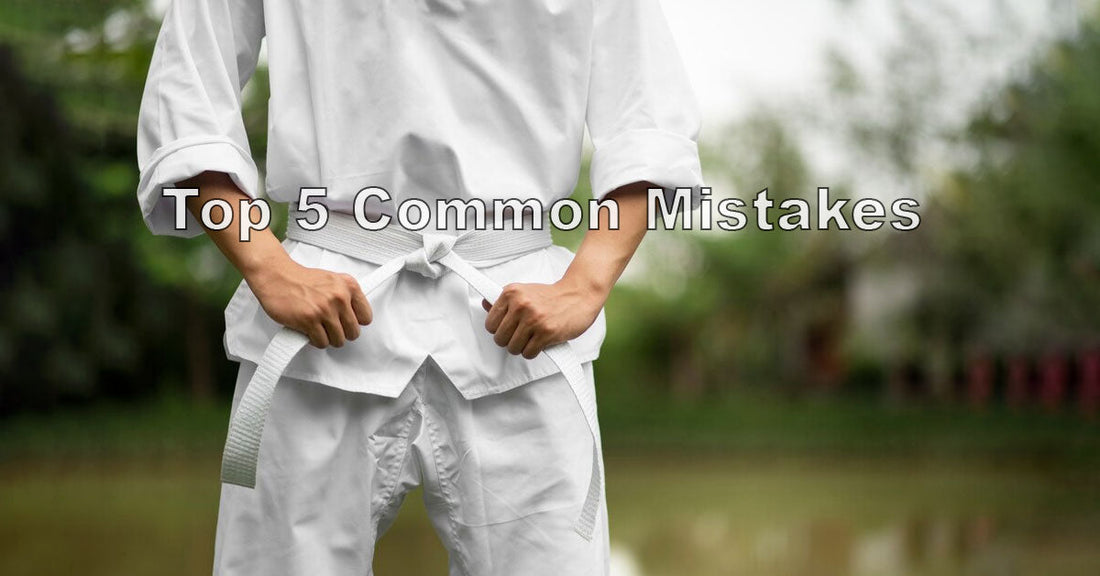 An image showing a white belt student making common mistakes like poor posture, gripping wrong, and not tapping, with red X marks and quick tips to fix each error.