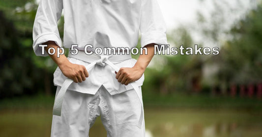 An image showing a white belt student making common mistakes like poor posture, gripping wrong, and not tapping, with red X marks and quick tips to fix each error.