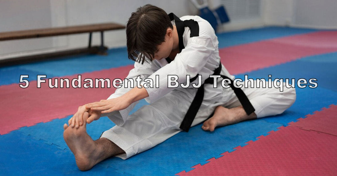 An image showing five key BJJ techniques like guard, mount, escape, sweep, and submission, with athletes demonstrating each move in labeled sections on the mat.