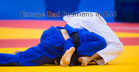 An image showing a BJJ athlete demonstrating five escape moves from common bad positions, with step-by-step arrows and labels on a training mat.