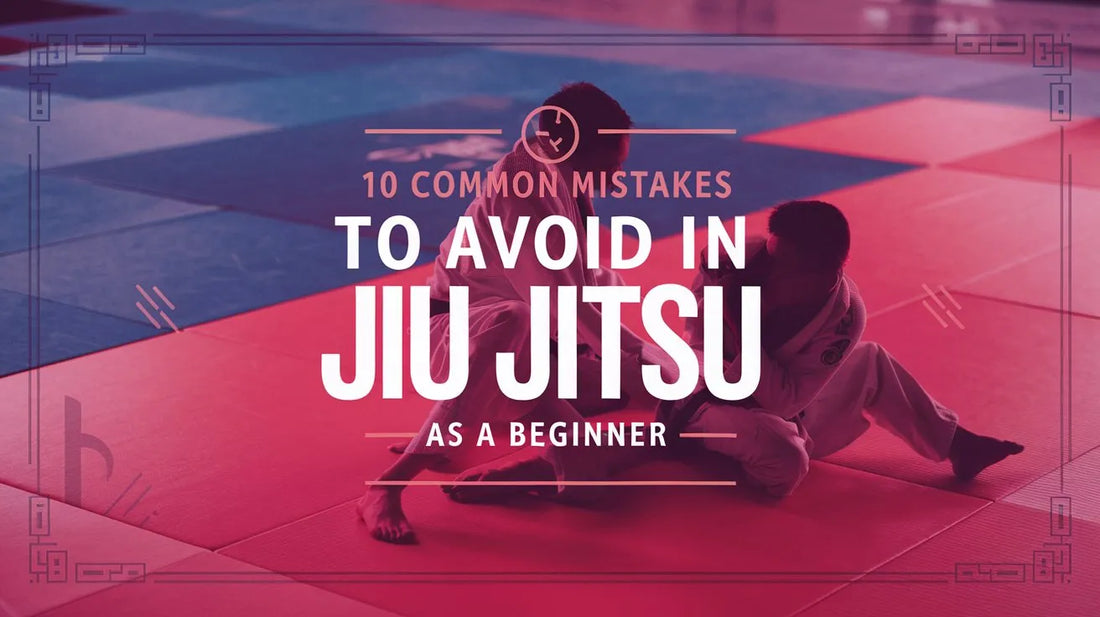 An image showing a beginner making common BJJ mistakes on the mat, with red X marks and tips like “don’t hold breath” and “avoid rushing” displayed around.