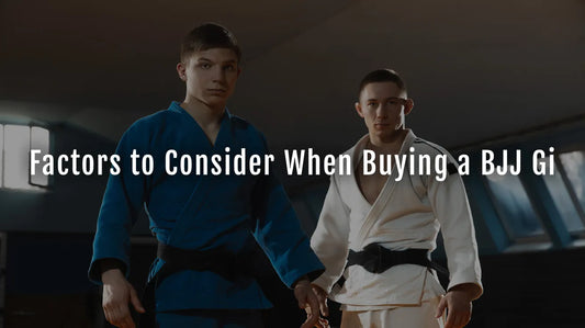 An image showing different BJJ gis hanging side by side, with icons pointing out key factors like fabric type, weight, fit, durability, and IBJJF approval.