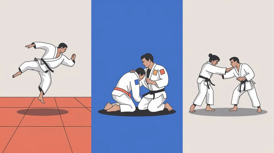 An image showing three martial artists wearing different uniforms—Judo gi, Brazilian Jiu Jitsu gi, and traditional Jujutsu outfit—each demonstrating a signature move with labels underneath.