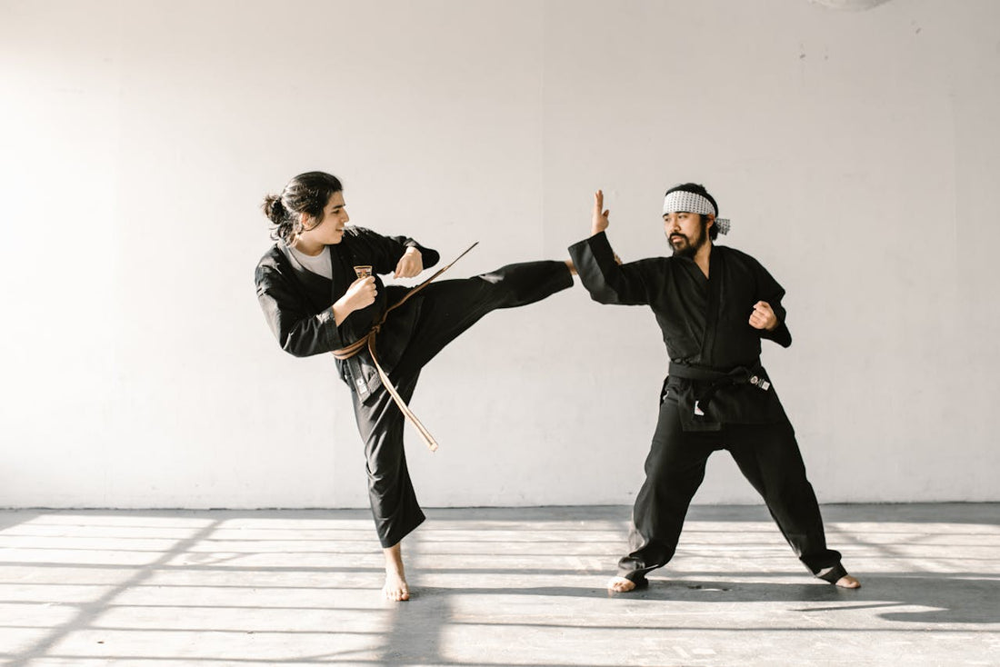 An image showing a BJJ practitioner using a control hold to defend against an attacker in a street setting, with subtle icons for safety and technique mastery.